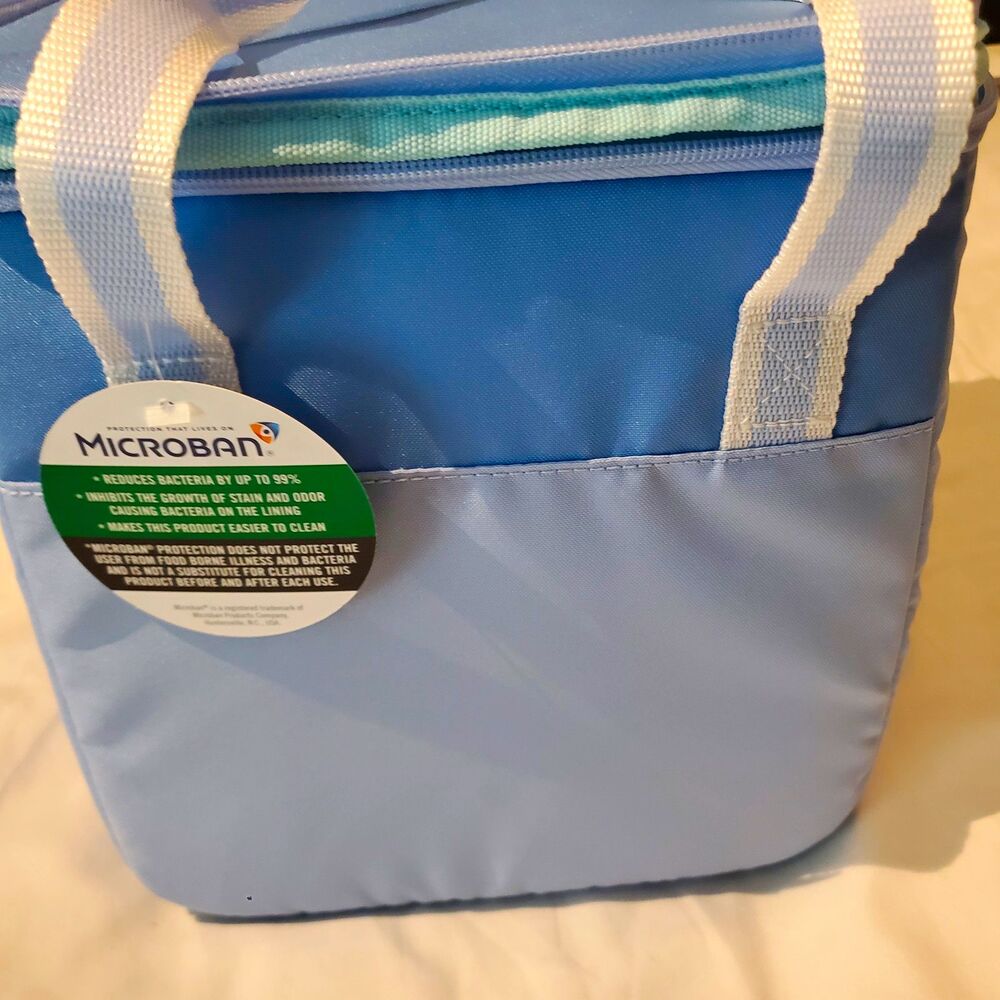 Microban 10 Can Cooler Bag Lunch Kit Antimicrobial Lining Zipper Tote Blue Light